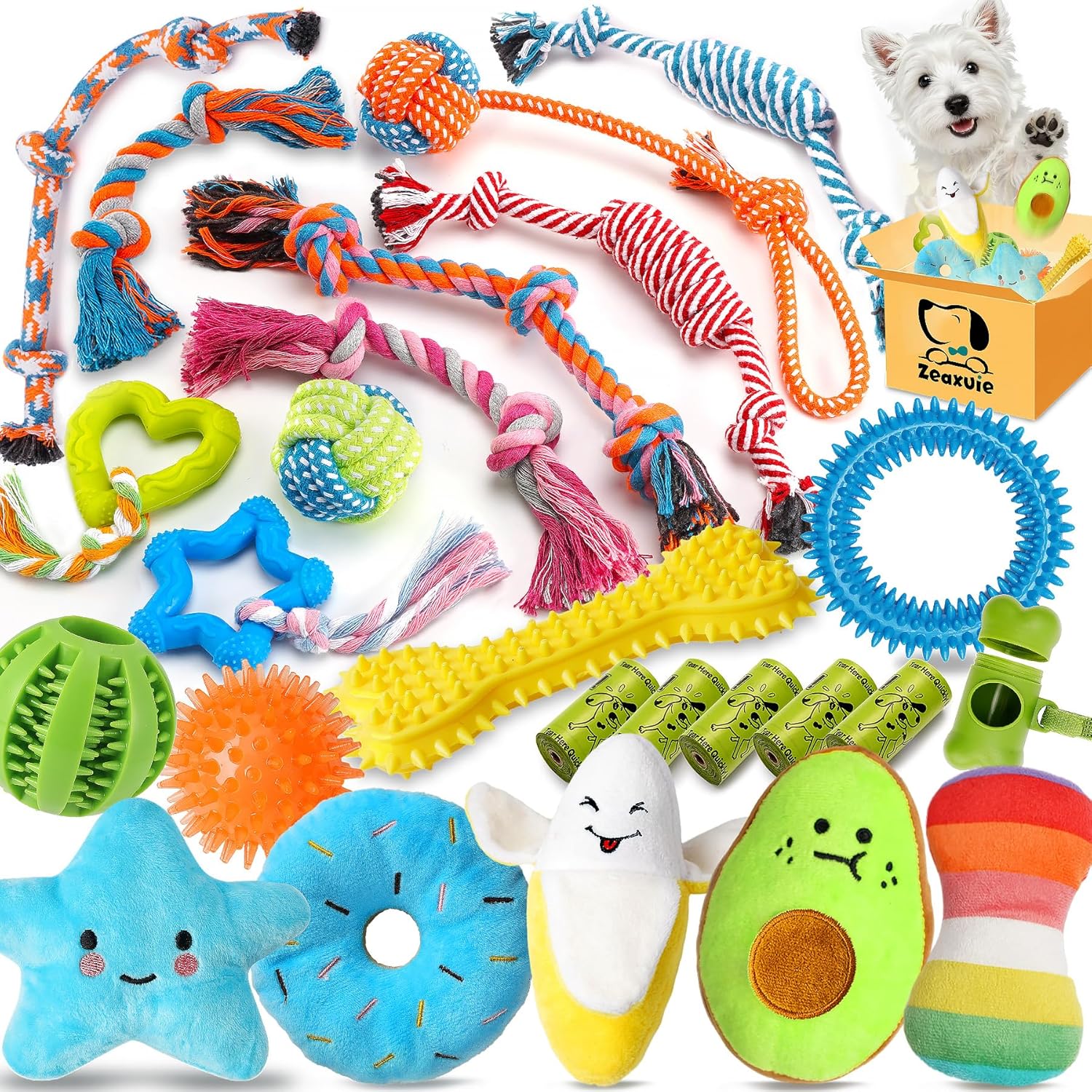 25-Pack Dog Chew Toys Set – Squeaky, Rope & Treat Ball Toys for Teething Puppies