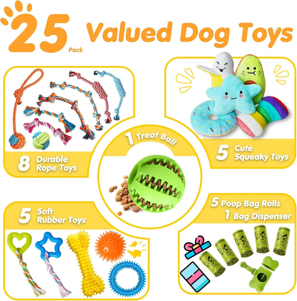 25-Pack Dog Chew Toys Set – Squeaky, Rope & Treat Ball Toys for Teething Puppies