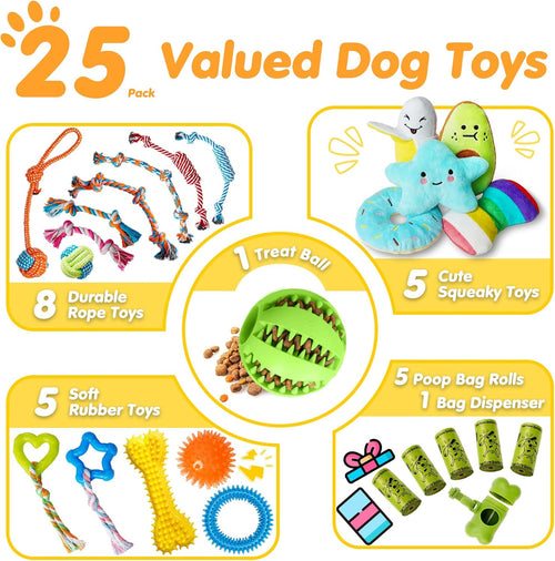 25-Pack Dog Chew Toys Set – Squeaky, Rope & Treat Ball Toys for Teething Puppies