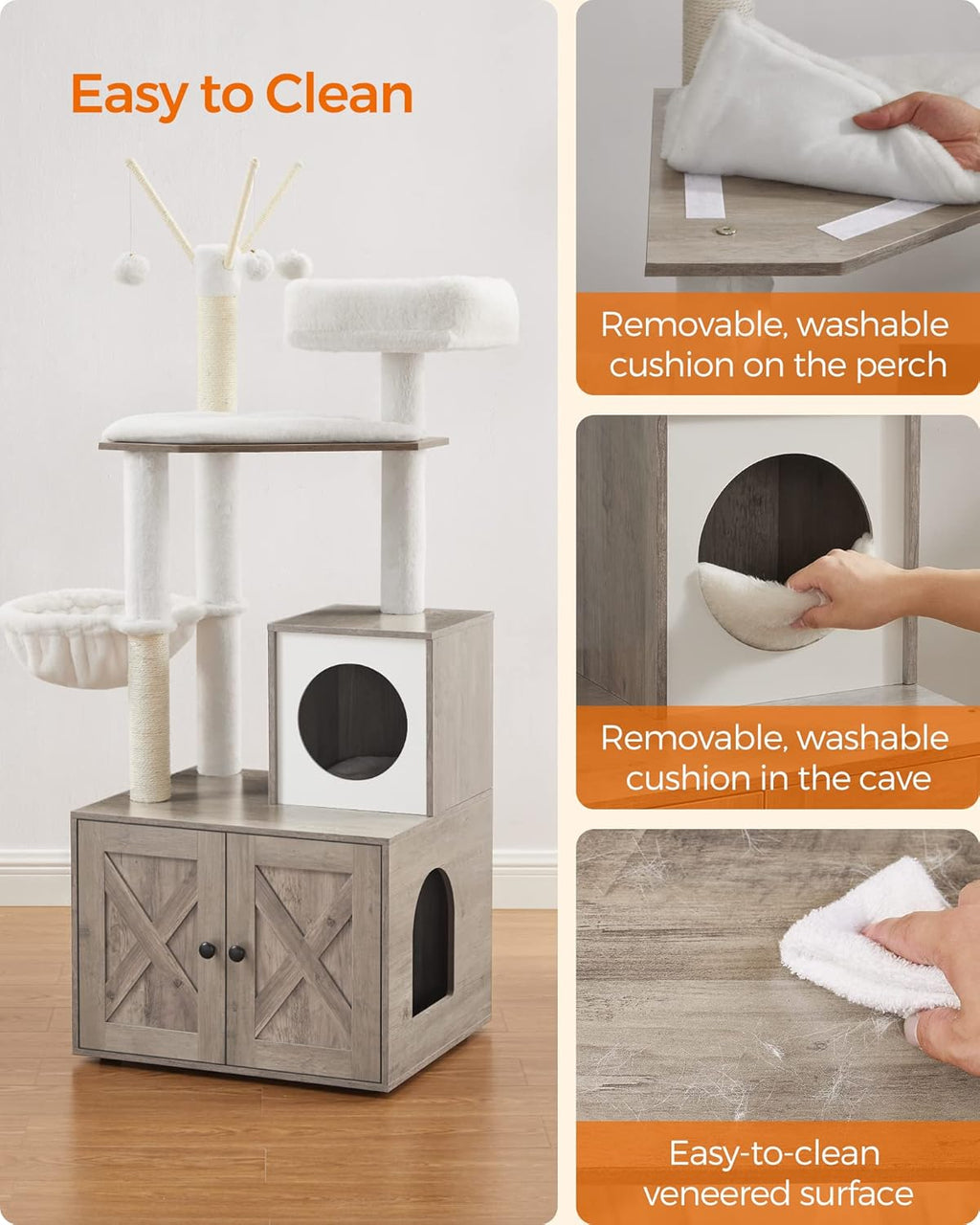 59" Modern Cat Tree with Hidden Litter Box Enclosure – 2-in-1 Tower with Scratching Posts & Washable Cushion in Greige