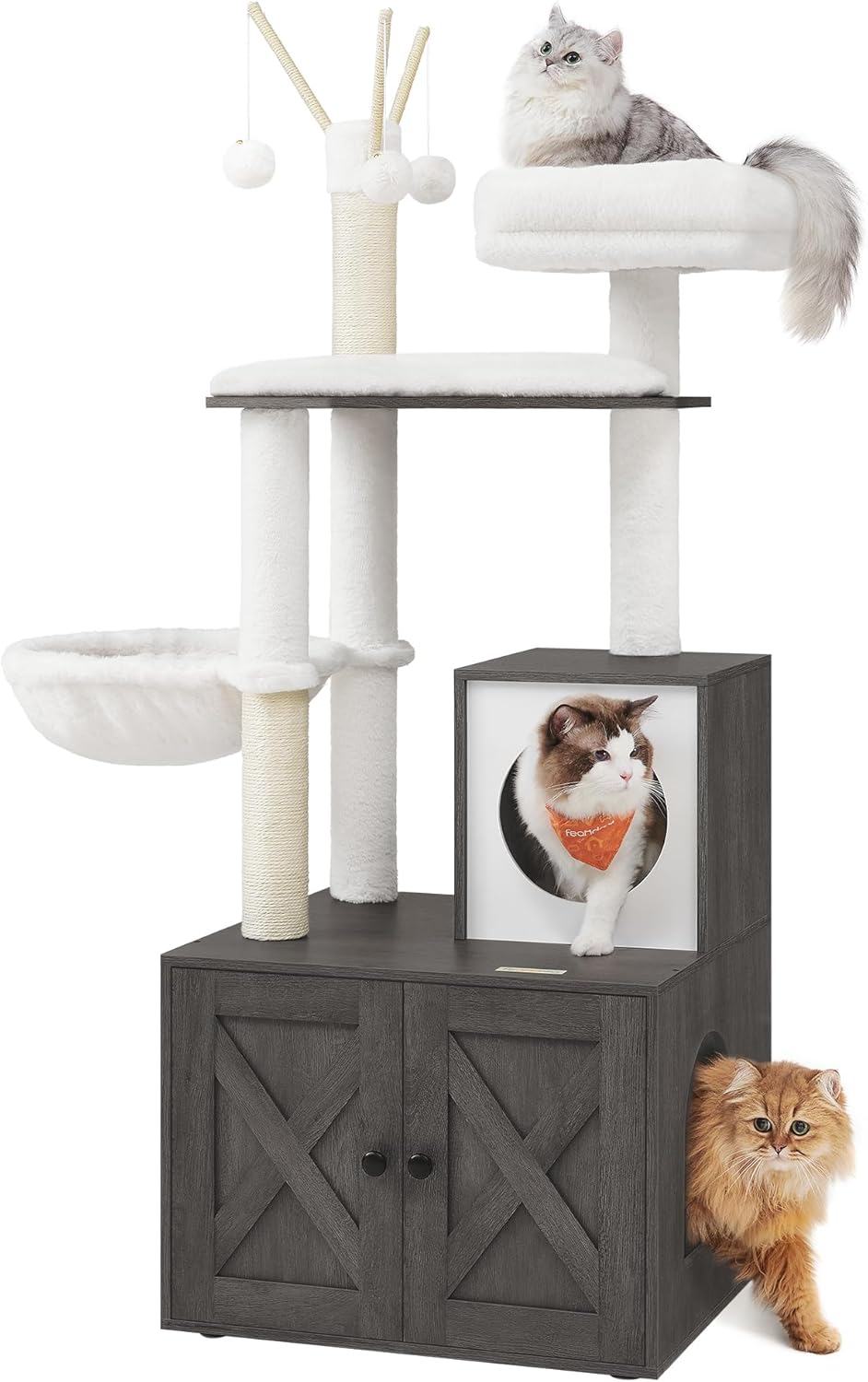 59" Modern Cat Tree with Hidden Litter Box Enclosure – 2-in-1 Tower with Scratching Posts & Washable Cushion in Greige