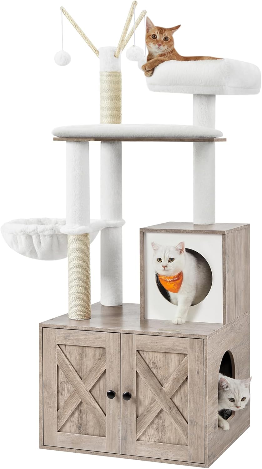 59" Modern Cat Tree with Hidden Litter Box Enclosure – 2-in-1 Tower with Scratching Posts & Washable Cushion in Greige