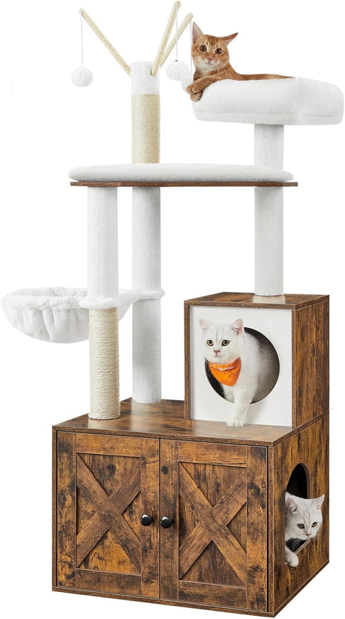 59" Modern Cat Tree with Hidden Litter Box Enclosure – 2-in-1 Tower with Scratching Posts & Washable Cushion in Greige