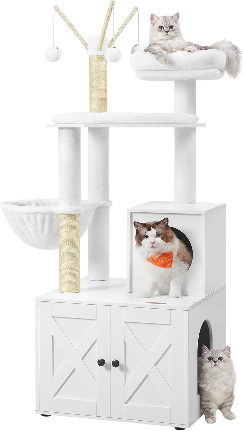 59" Modern Cat Tree with Hidden Litter Box Enclosure – 2-in-1 Tower with Scratching Posts & Washable Cushion in Greige
