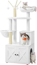 59" Modern Cat Tree with Hidden Litter Box Enclosure – 2-in-1 Tower with Scratching Posts & Washable Cushion in Greige