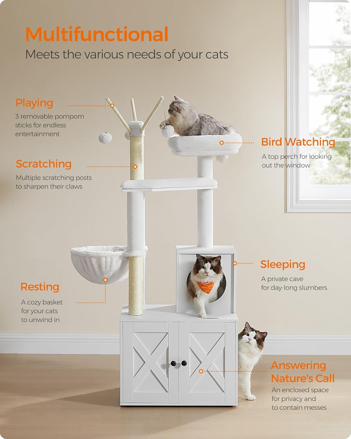 59" Modern Cat Tree with Hidden Litter Box Enclosure – 2-in-1 Tower with Scratching Posts & Washable Cushion in Greige