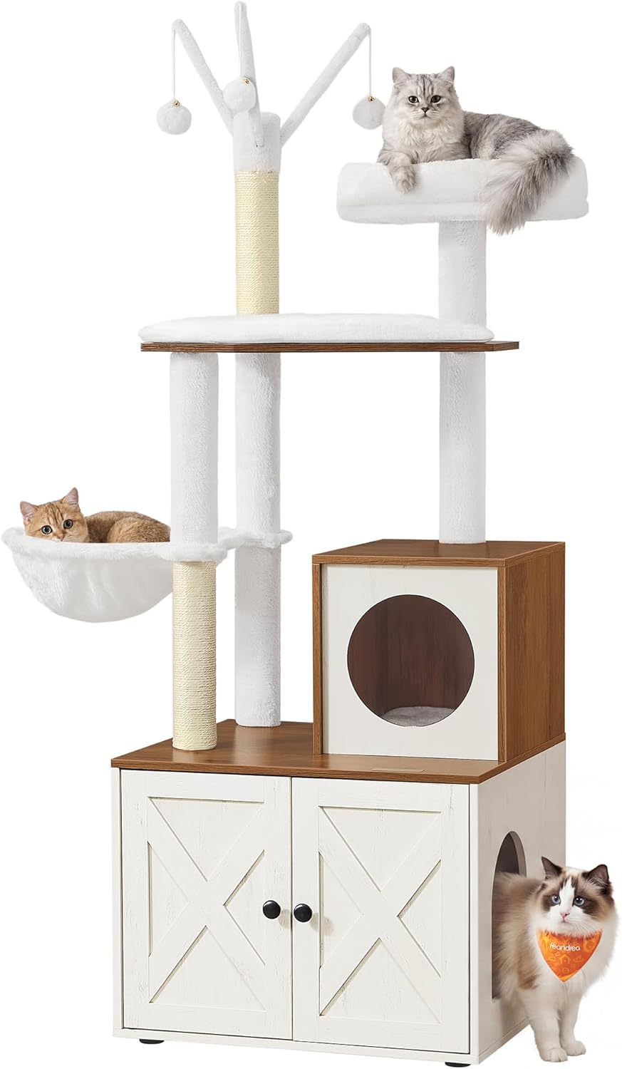 59" Modern Cat Tree with Hidden Litter Box Enclosure – 2-in-1 Tower with Scratching Posts & Washable Cushion in Greige
