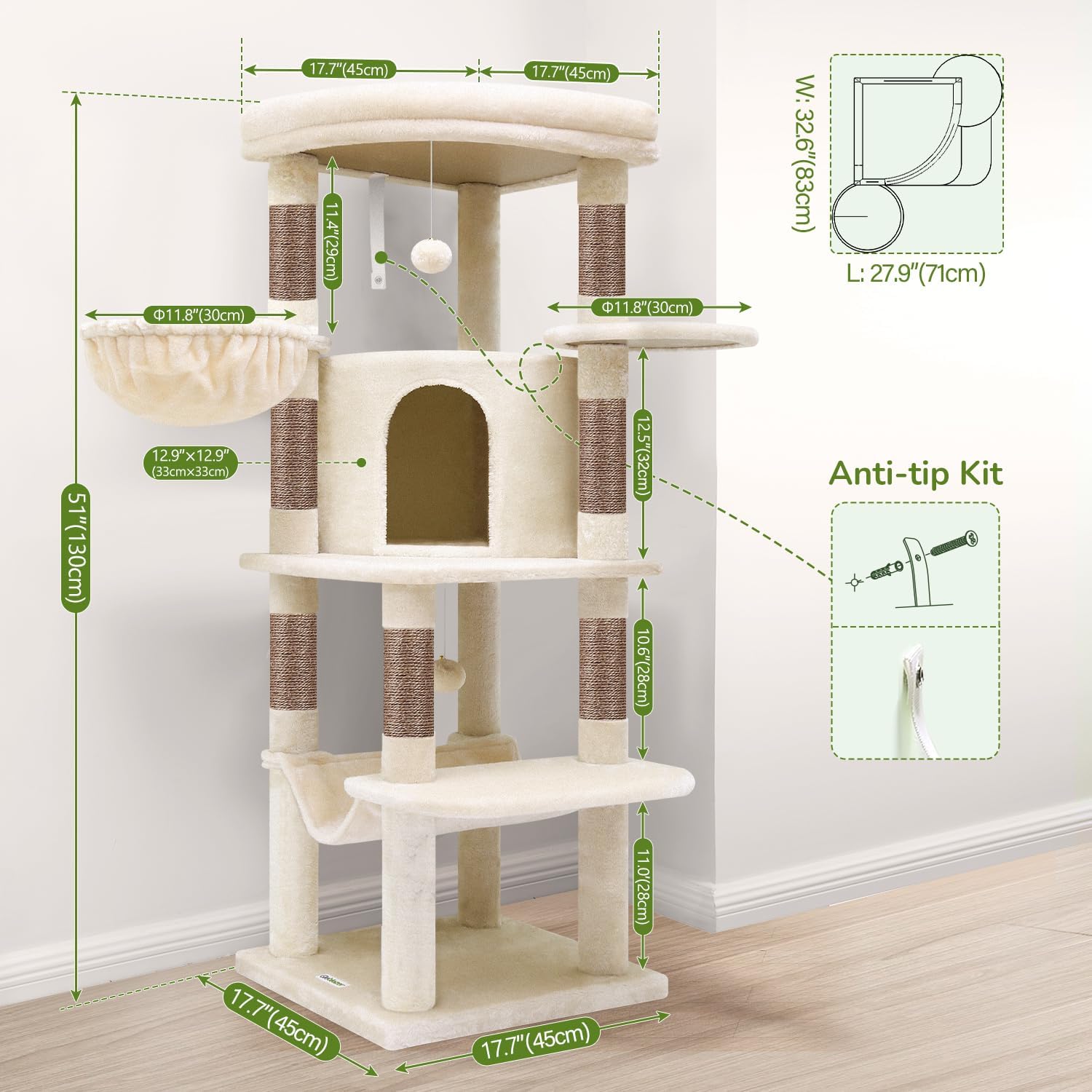 51" Corner Cat Tree – Modern Cat Tower with Hammock, 7 Sisal Posts & Fan-Shaped Perch for Large Cats