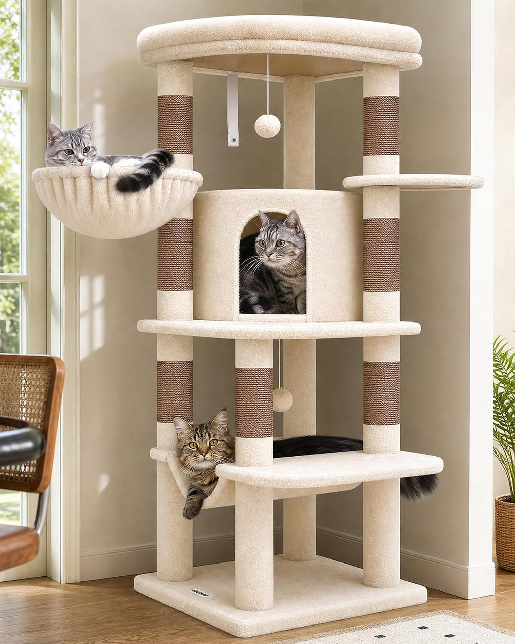 51" Corner Cat Tree – Modern Cat Tower with Hammock, 7 Sisal Posts & Fan-Shaped Perch for Large Cats