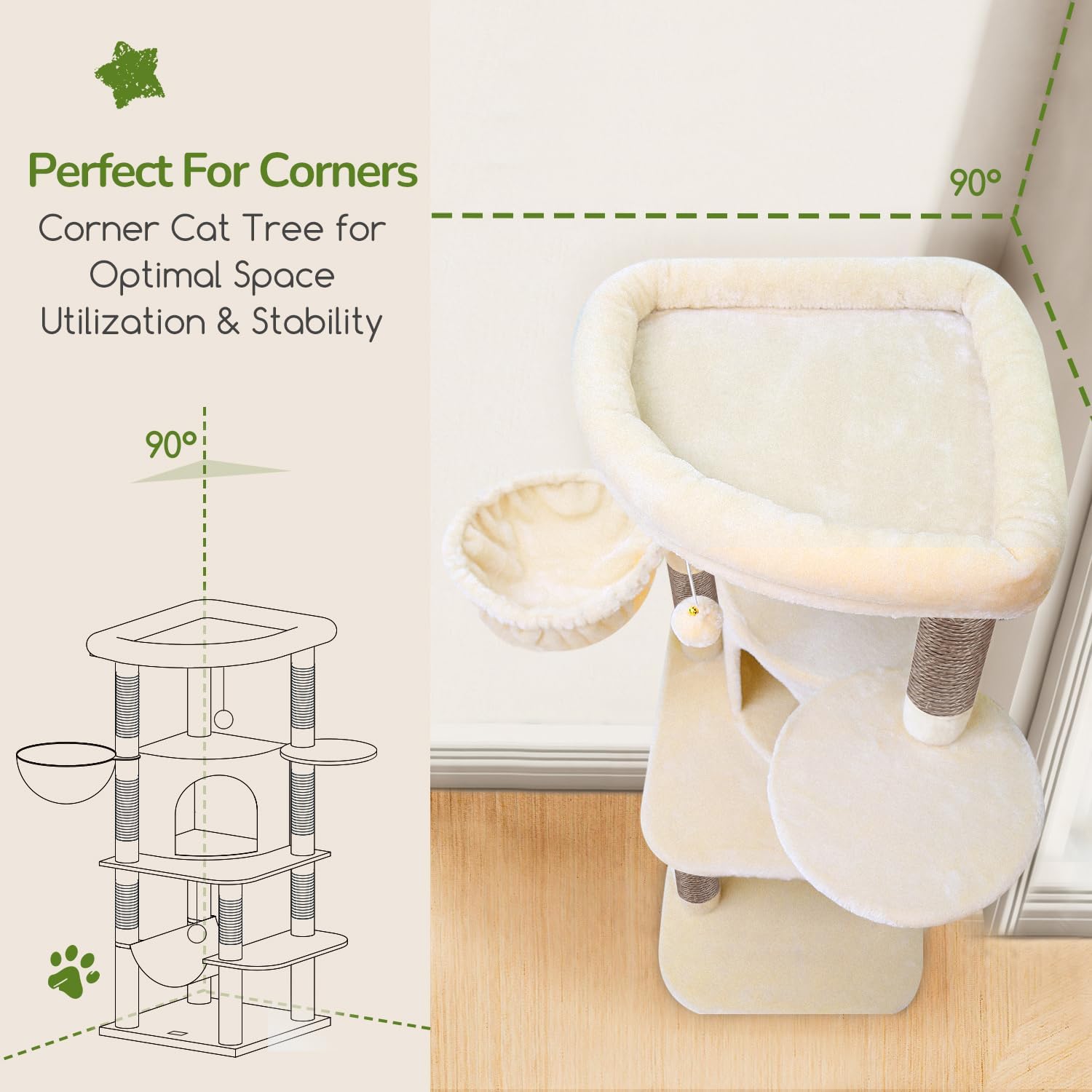 51" Corner Cat Tree – Modern Cat Tower with Hammock, 7 Sisal Posts & Fan-Shaped Perch for Large Cats