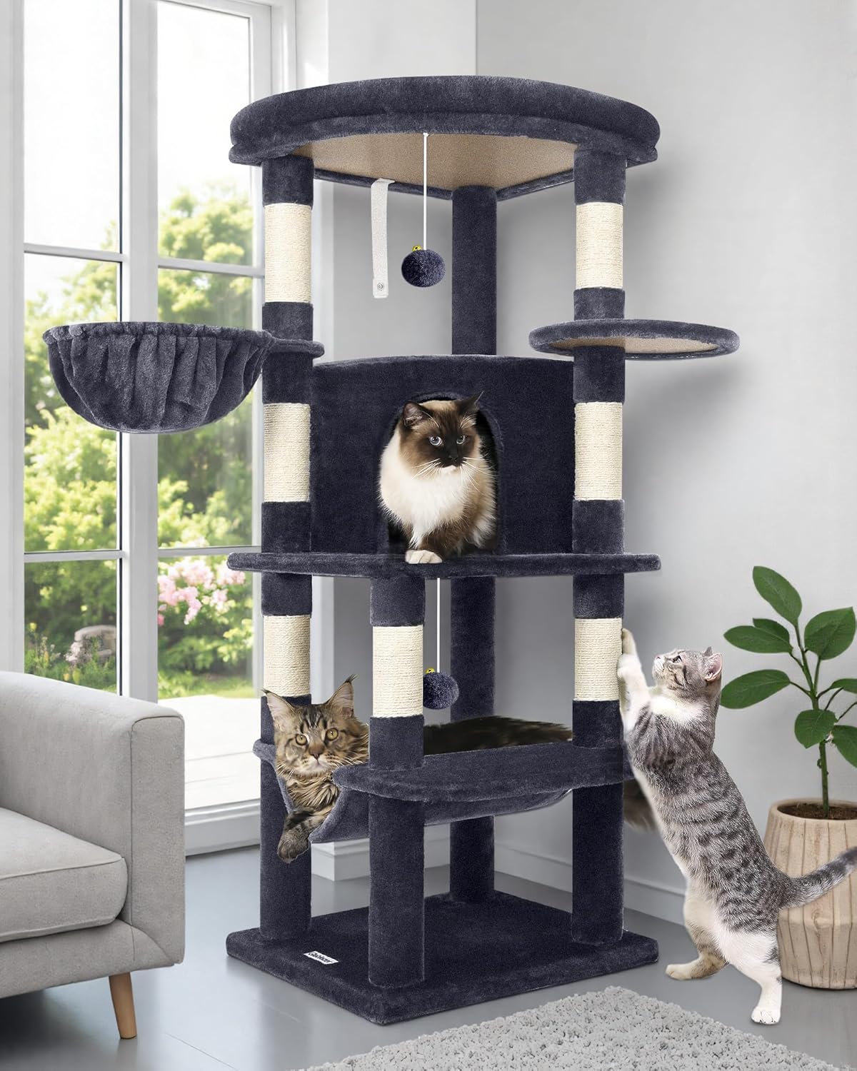 51" Corner Cat Tree – Modern Cat Tower with Hammock, 7 Sisal Posts & Fan-Shaped Perch for Large Cats
