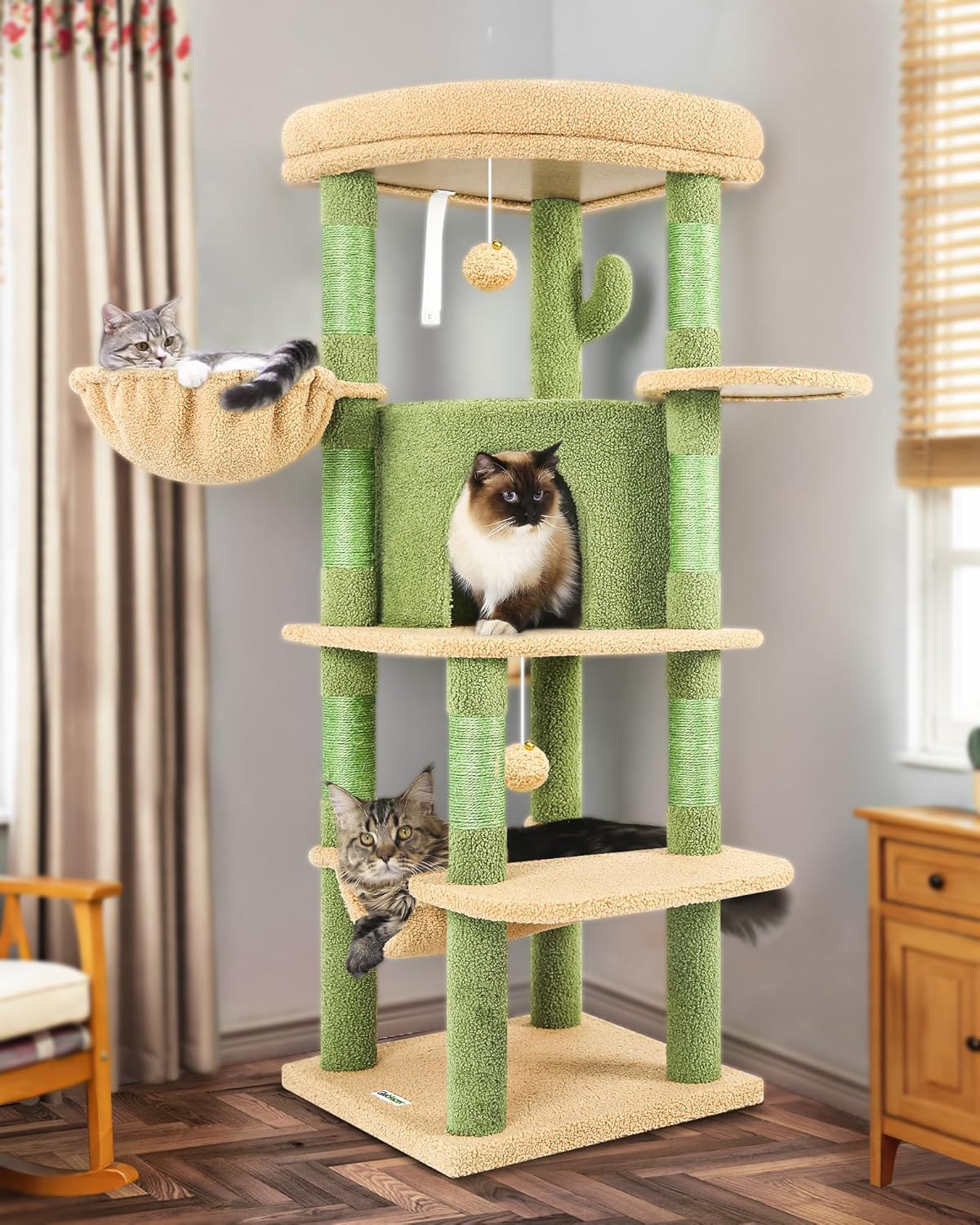 51" Corner Cat Tree – Modern Cat Tower with Hammock, 7 Sisal Posts & Fan-Shaped Perch for Large Cats