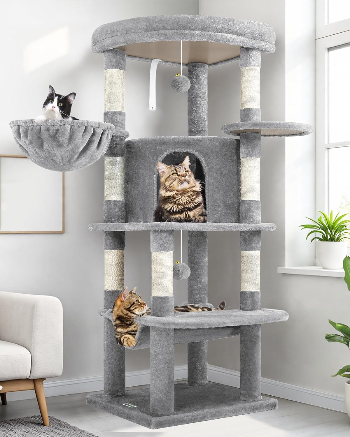 51" Corner Cat Tree – Modern Cat Tower with Hammock, 7 Sisal Posts & Fan-Shaped Perch for Large Cats