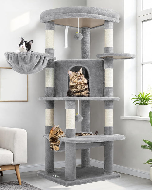 51" Corner Cat Tree – Modern Cat Tower with Hammock, 7 Sisal Posts & Fan-Shaped Perch for Large Cats